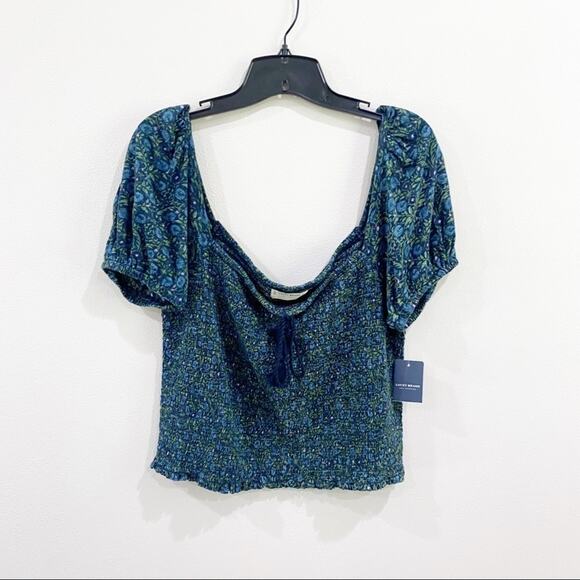 Lucky Brand Smocked Short Sleeve Square Neck Puff Sleeve Top Boho Chic Sz L NWT - Picture 3 of 10